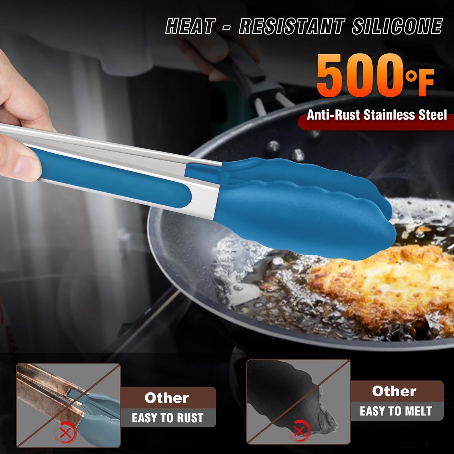 Walfos Kitchen Tongs for Cooking, 600℉ Heat Resistant Stainless Steel Tongs, All Metal Heavy Duty Tongs For Food ,BBQ Grilling - 7 ，9 and 12 Inch ,Set of 3