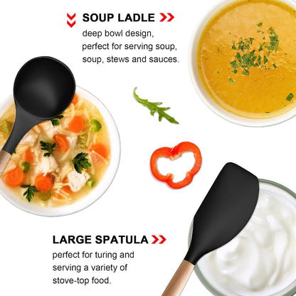 Kitchen Cooking Utensils Set, 6Pcs Silicone Kitchen Utensils Set Spatula Spoon Soup Ladle Turner, Heat Resistant Wooden Handle Silicone Cooking Gadgets for Nonstick Cookware & Baking BPA FREE