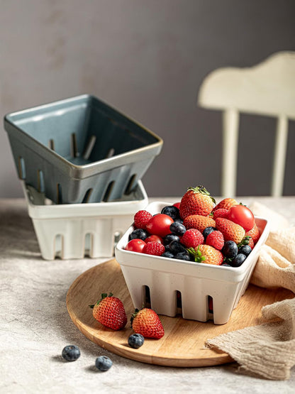 Gomakren Berry Bowls with Holes Ceramic, Berry Washing Bowl Basket Set of 2, 5.8 Inch Round Fruit Bowl Storage Containers, Strawberry Baskets, Farmhouse Kitchen Decor, Yellow + Brown