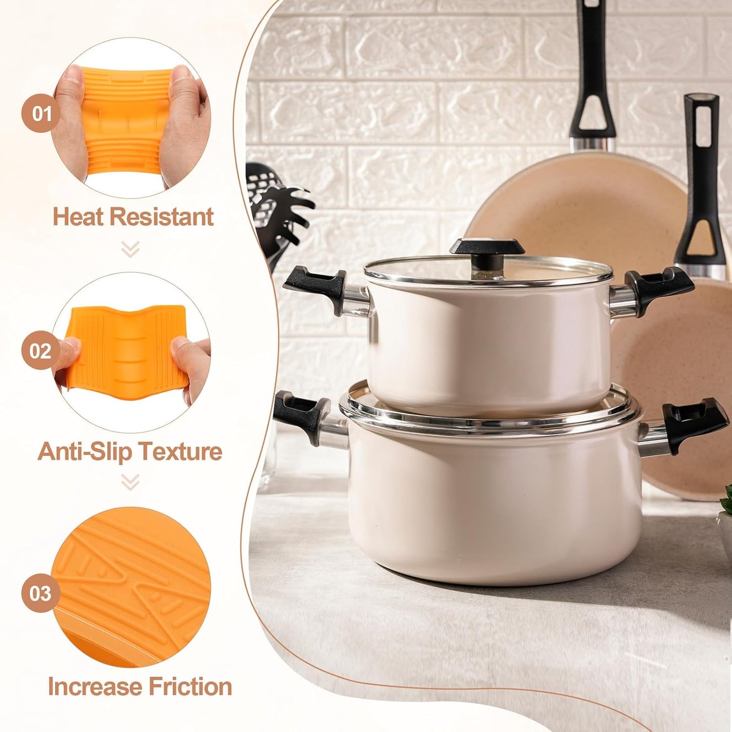 uxcell 4 Pcs Silicone Assist Hot Pan Handle Holder Hot Skillet Handle Covers Pot Holder Sleeve Non-Slip Heat Resistant for Kitchen Pot Frying Pans Cookware (Orange)