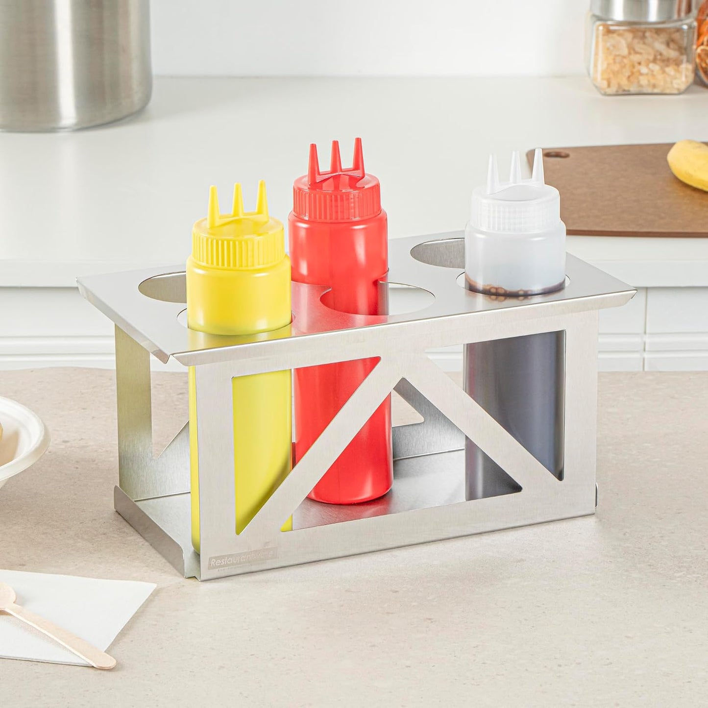 Restaurantware Stainless Steel Bottle Organizer - 1 Count - 6.299 x 7.087 x 0.394 Inches - Dishwasher-Friendly Condiment Holder - Kitchen Bottle Rack - Space-Saving Design - Silver