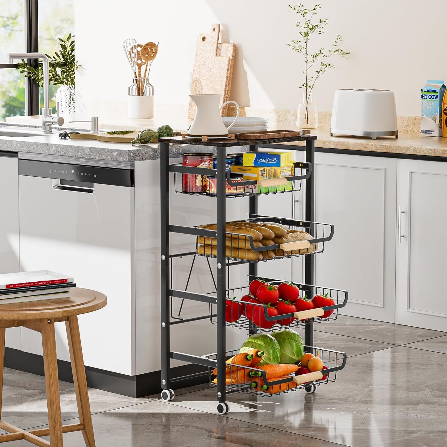 JAQ Slide Out Fruit Vegetable Basket for Kitchen, 4-Tier Rolling Storage Cart with Wooden Handle & Top, Metal Wire Produce Rack for Pantry Organization, Onion Potato Storage Bins for Small Space,White