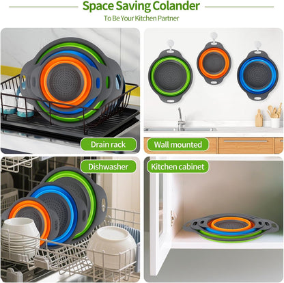 Tri-Color Silicone Collapsible Colander Set (3Pcs 2/4/6 QT) - Space Saving Foldable Strainers with Non-Slip Base for Pasta, Veggies & Camping, Dishwasher Safe Instant Fold Kitchen Gadget