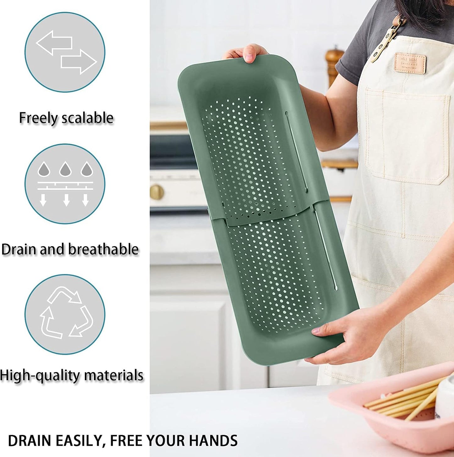 KesaPlan Collapsible Sink Colanders and Strainers Basket Over the Colander Extendable Plastic Fruit Vegetable Strainer Drainer for Kitchen(Length 14.3-19.4 inch)(Gray Set of 2)