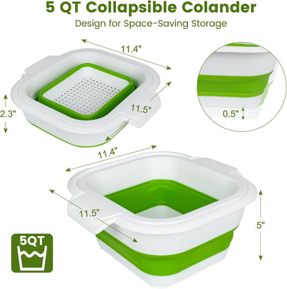 ROTTOGOON Collapsible Colander Set with Strainer Bowl, 2 in 1 Fruit Washing Basket with Strainer, 5 + 3 QT Plastic Colanders for Kitchen, Foldable Double Layered Colanders Bowl for Vegetable, Grey