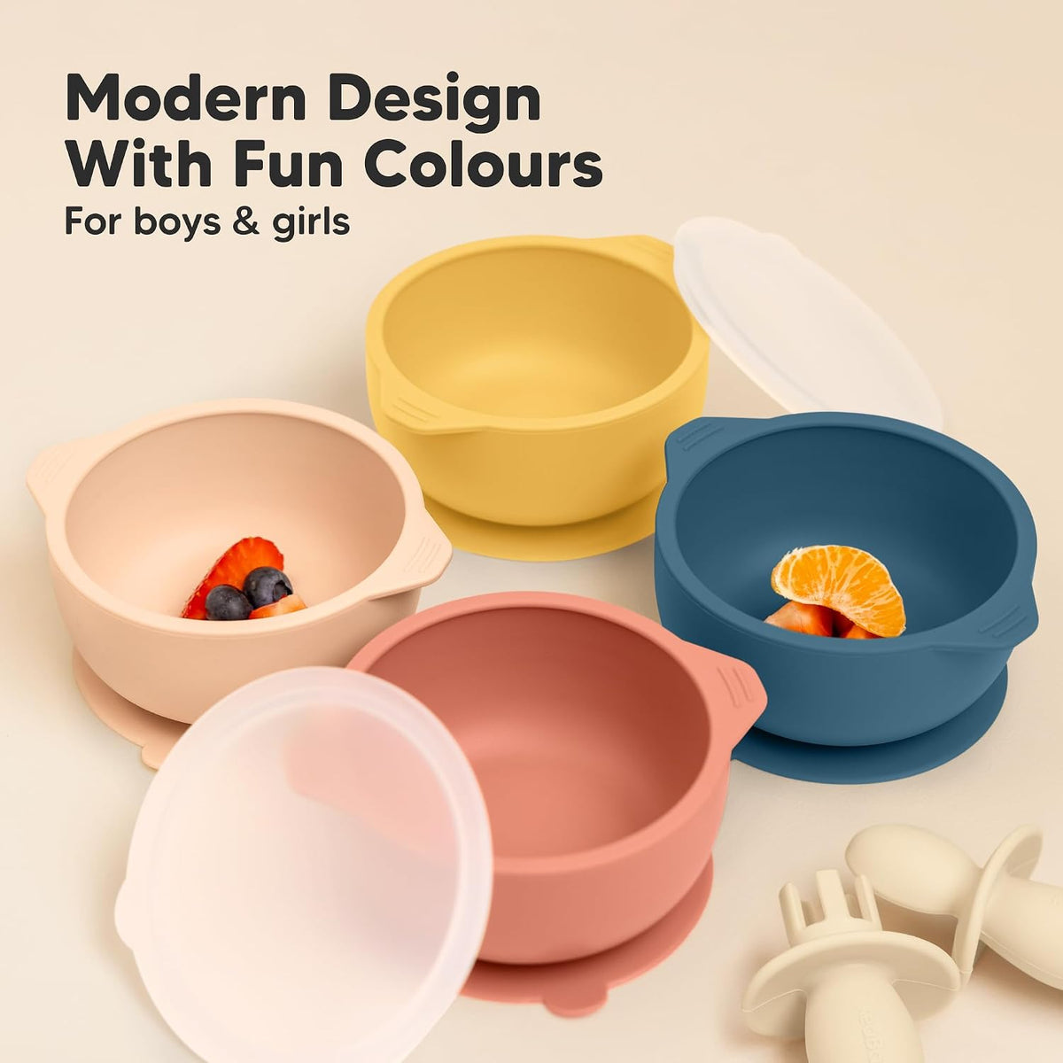 KeaBabies 2-Pack Baby Bowls with Suctions, Lids, Silicone (Terracotta)