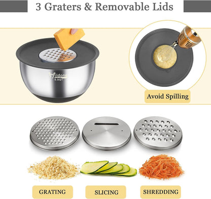 Wildone Mixing Bowls with Airtight Lids, 22 PCS Stainless Steel Nesting Bowls, with 3 Grater Attachments, Scale Marks & Non-Slip Bottom, Size 5, 4, 3, 2,1.5, 0.63QT, Ideal for Mixing & Prepping
