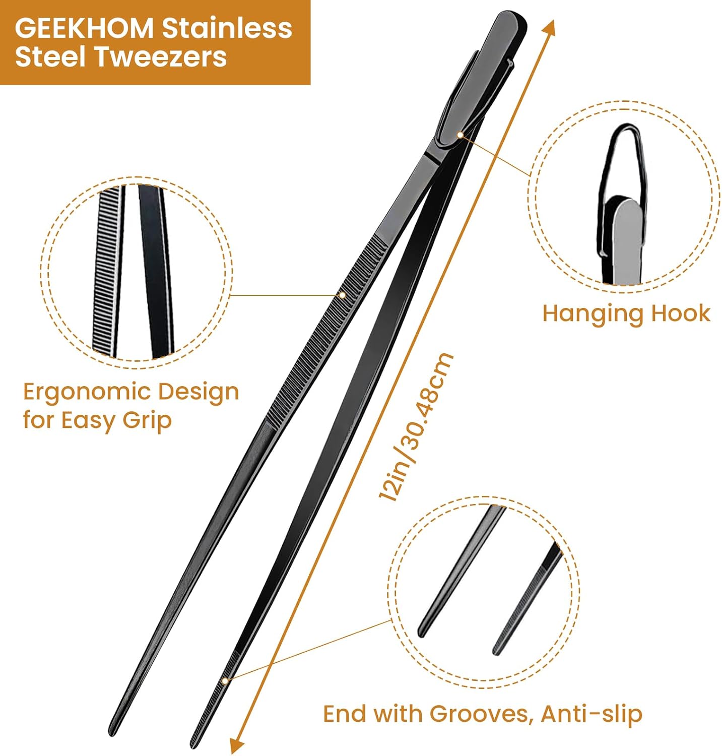 GEEKHOM 4-Piece 12 & 10-Inch Cooking Tongs: Professional Stainless Steel Scissor Tongs Set with Non-Slip Grip (Black)
