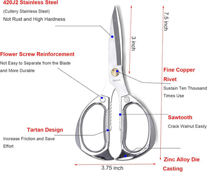 7.5in Stainless Steel Kitchen Scissors, Heavy Duty Shears for Chicken, Meat, Food, Vegetables, BBQ (Silver)