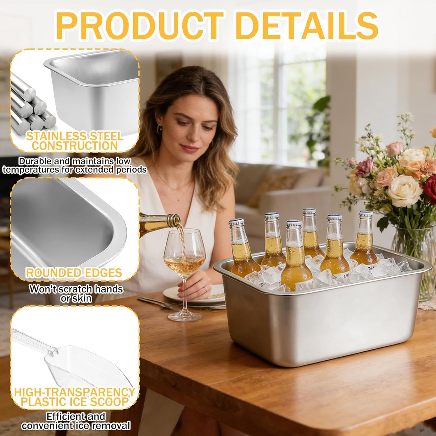 2 Pack Large Strainless Steel Beverage Tub with 2 Ice Scoops, Beer Ice Bucket Drink Cooler Beer Champagne Bucket Drink Chiller Tub Ice Cube Bin for Freezer Cocktails Wine Cooling Mimosa Bar Supplies