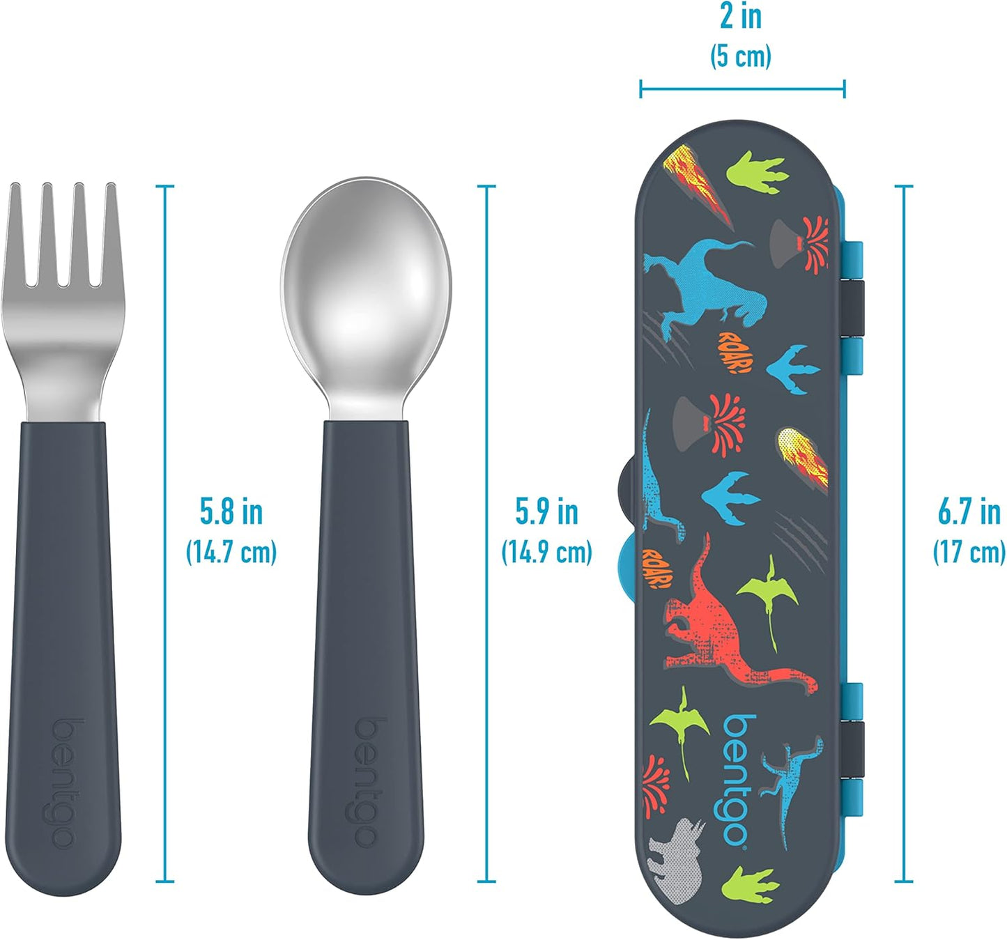 Bentgo Kids Stainless Steel Utensil Set - Reusable Fork, Spoon & Storage Case, PFAS- & BPA-Free, Easy-Grip Handles, Lightweight, Dishwasher Safe, School Lunch, Travel & Outdoors (Dinosaur)