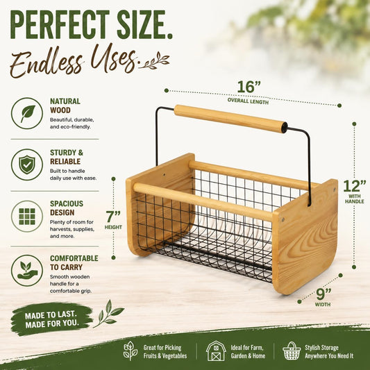 Gardenised Vintage Harvest Basket Pine Wood & Metal Mesh Wire Design Wooden Frame with Straight Handle for Fruits Vegetables Kitchen Organization Decorative Storage Home Décor & Garden Display
