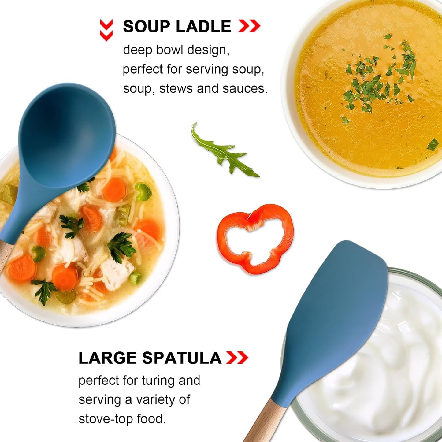 Kitchen Cooking Utensils Set, 6Pcs Silicone Kitchen Utensils Set Spatula Spoon Soup Ladle Turner, Heat Resistant Wooden Handle Silicone Cooking Gadgets for Nonstick Cookware & Baking BPA FREE