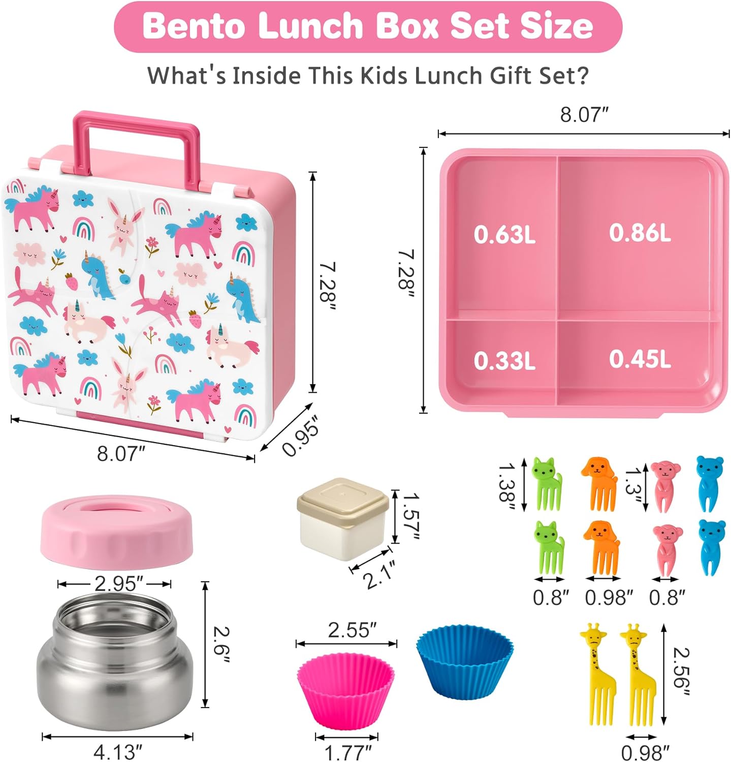 Bento Lunch Box with 9.5 oz Soup Thermo, Kids Leakproof 4 Compartments Bento Box with Silicone Cupcake,Fruit Fork,Spoon and Sauce Cup,Insulated Food Jar for School Travel-Black