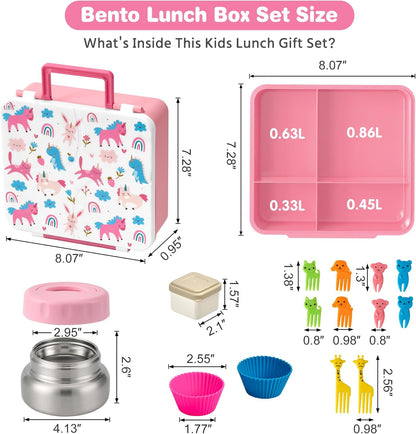 Bento Lunch Box with 9.5 oz Soup Thermo, Kids Leakproof 4 Compartments Bento Box with Silicone Cupcake,Fruit Fork,Spoon and Sauce Cup,Insulated Food Jar for School Travel-Black