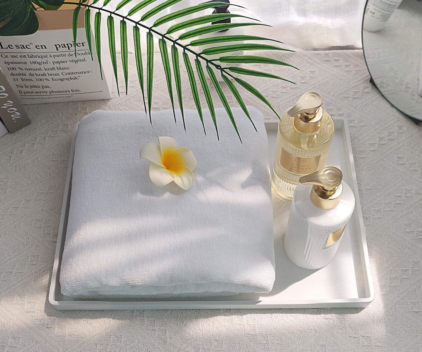 White Serving Tray (13.5 x 9.6 inch) for Serving Accessory, Elegant & Stackable Plastic Tray for Spa, Coffee, Drinks, Tea, Bar, Party, Seasoning, Perfume and Display Use.