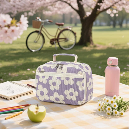 Bluboon Insulated Lunch Bag for Girls & Boys, Corduroy School Lunch Box with Cooler & Organizer Compartments, Leak-Proof Lunch Tote for School, Travel (Corduroy Strawberries Beige)
