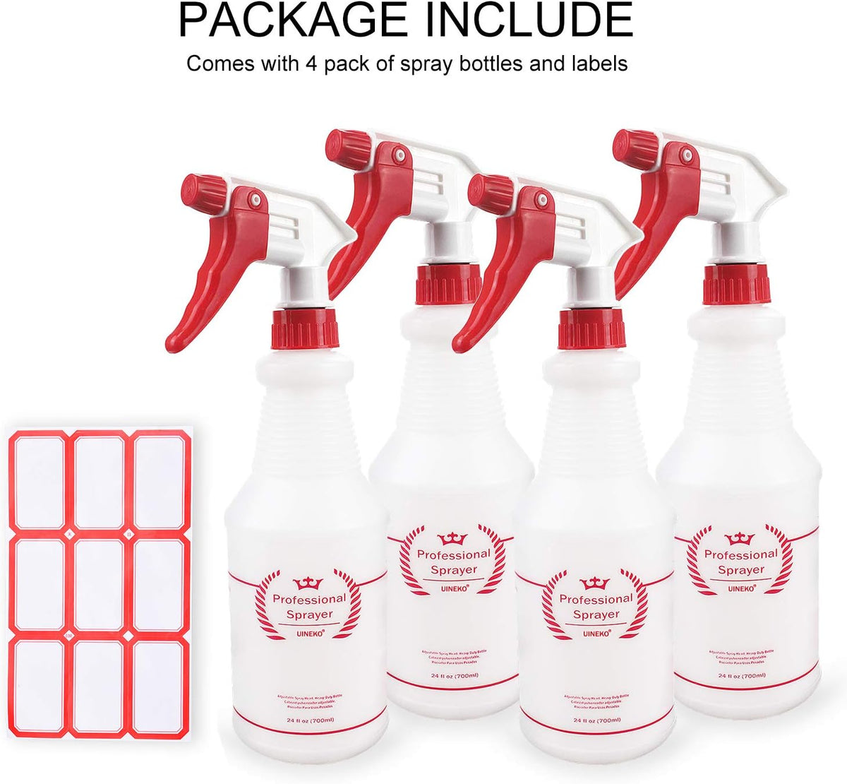 Uineko Empty Spray Bottles, Heavy Duty Sprayer, Mist & Stream, 4 Pack 24 Oz