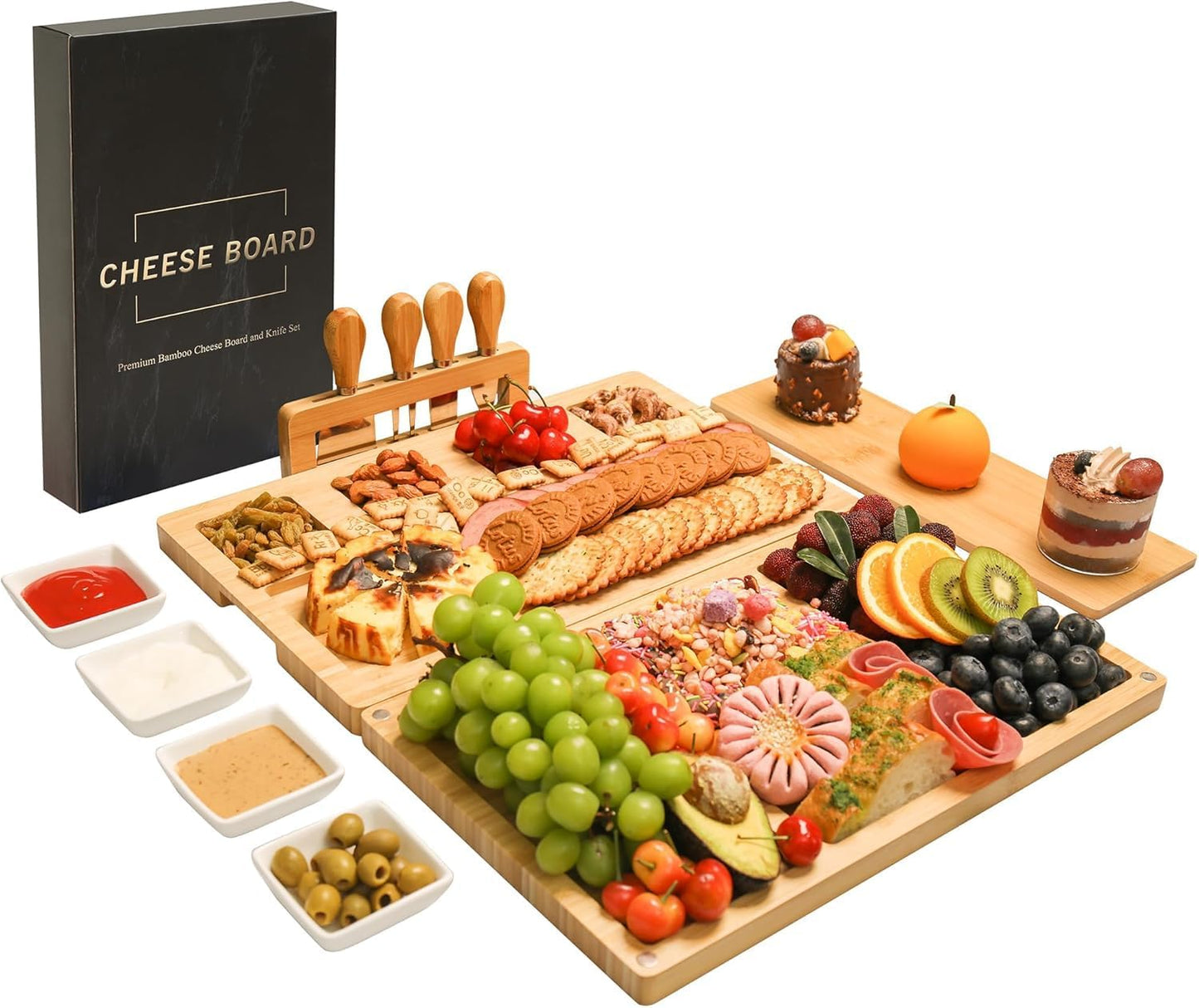 Charcuterie Board Set - Bamboo Cheese Board & Serving Tray with Stainless Steel Knives and Bowls, Housewarming Gifts New Home, Gift for Wedding Couple, Bridal Shower (NLB, 02)