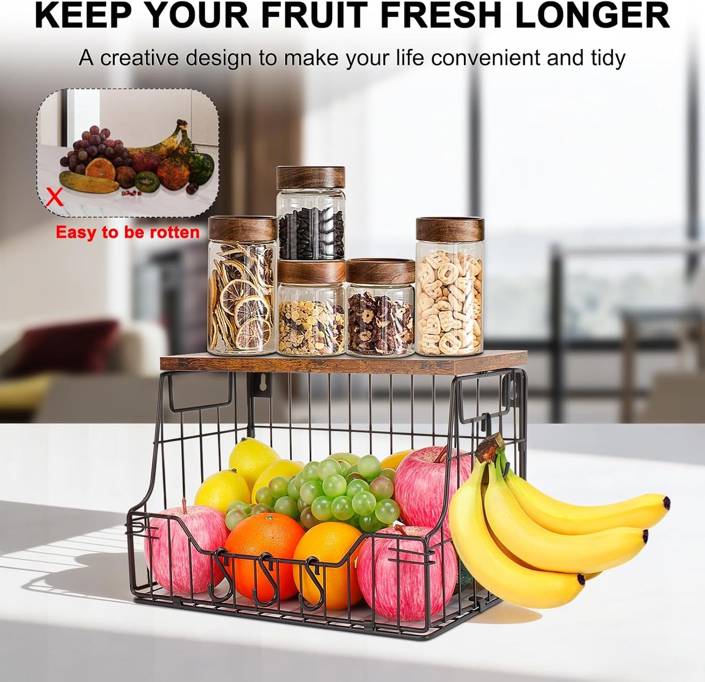 Livabber Fruit Basket for Kitchen, Metal Fruit Vegetable Storage Bin with 2 Banana Hangers, Countertop Wire Basket Organizer for Snack Potato Onion, Screw Mounted or Stand (Black, 1 Pack)