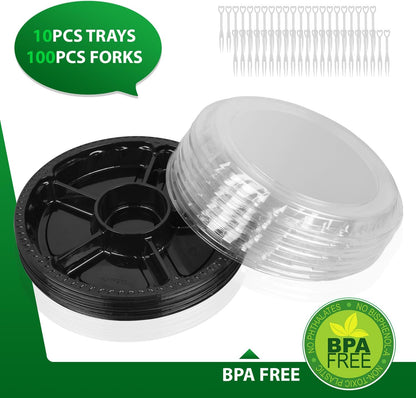 Plastic Appetizer Tray with Lid - Heavy Duty,Recyclable 12 in. Veggie Fruit Snacks Trays Disposable Food Storage Containers,10 Pcs Food Serving Platters for Party and Buffet with 100 Forks