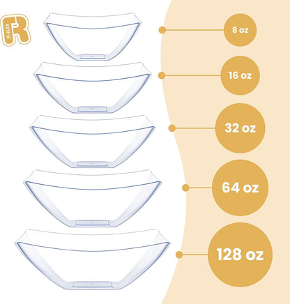 R-kay 6 Pack Square Plastic Serving Bowls - Clear Plastic bowls 16 Oz - Disposable Serving Bowls Heavy Duty For Weddings Catering And Birthday parties