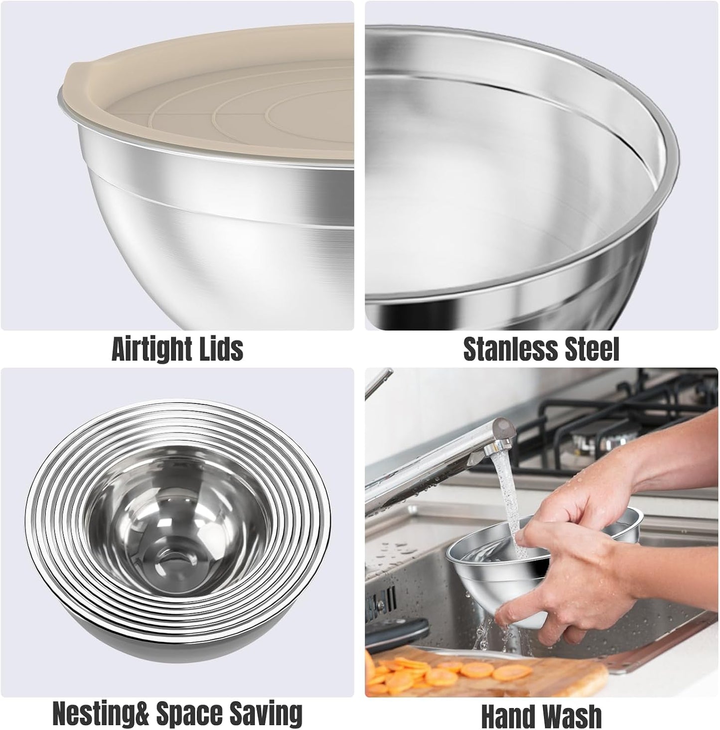 ENVTEK Mixing Bowls with Lids Set, 7 PCS Stainless Steel Mixing Bowls with 3 Grater Attachments, Size 4.5, 4, 3.5, 2.1, 1.5, 1.1, 0.7QT, Ideal for Kitchen Cooking Baking & Serving