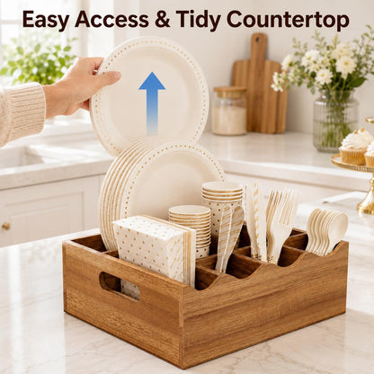 Utensil Holder & Silverware Organizer, Acacia Wood Kitchen Utensil Caddy for Countertop, 6 Compartment Paper Plate Holders & Dispenser, Wooden Cutlery Holder with Handle for Party, Natural Acacia