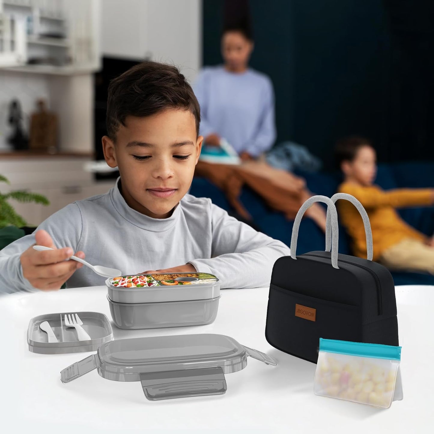 JBGOYON® Bento Lunch Box with Bag - All-in-One Stackable Lunch Containers with 3 Layers for Adults & Kids, 1900 ML Modern Bento-Style Design, Built-in Utensil Set, Lunch Bag (Purple)
