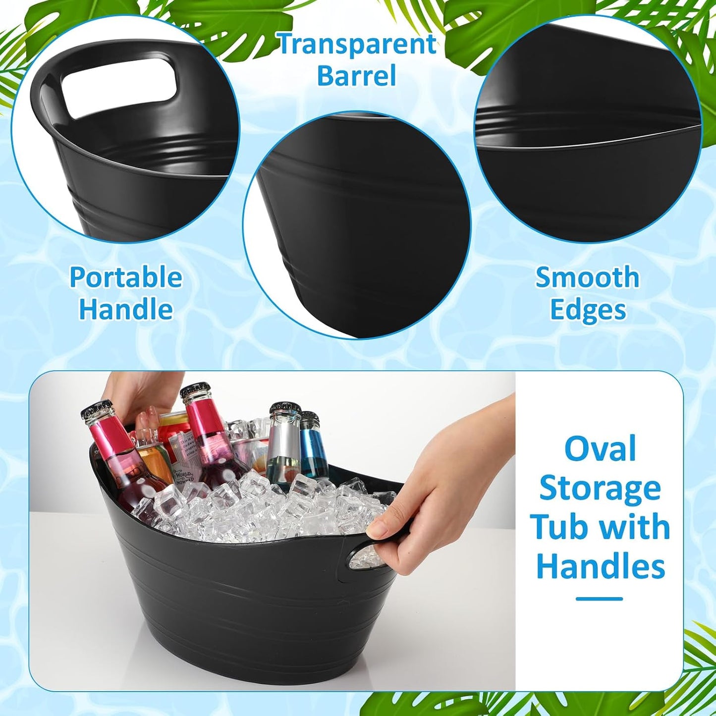 Norme 48 Pcs Plastic Ice Buckets for Parties Bulk 4.5L Oval Black Storage Tub with Handles Wine Beer Champagne Bottle Drink Cooler Tub for Christmas Holiday Home Parties Beverage Storage Basket Gift