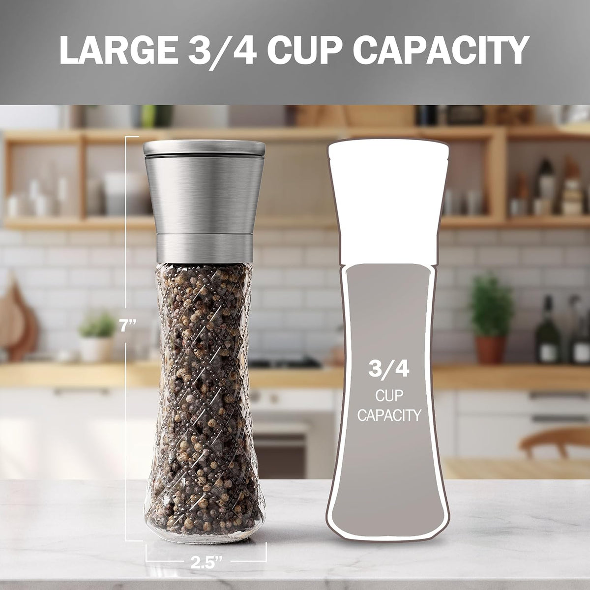 Home EC Premium Stainless Steel Sea Salt and Pepper Grinder Set of 2 - Adjustable Ceramic - Tall Glass Salt and Pepper Shakers - Kitchen Spice Mill W/Funnel & EBook