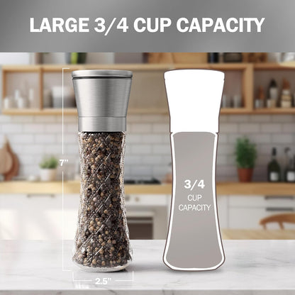Home EC Premium Stainless Steel Sea Salt and Pepper Grinder Set of 2 - Adjustable Ceramic - Tall Glass Salt and Pepper Shakers - Kitchen Spice Mill W/Funnel & EBook