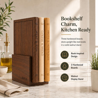 Book Shaped Cutting Board Set with Walnut Stand, 3 PCS Wooden Cutting Boards (13"x10"), Maple Sapele & Bamboo Charcuterie Serving Boards, Decorative Kitchen Decor Gift for Housewarming (1Set)