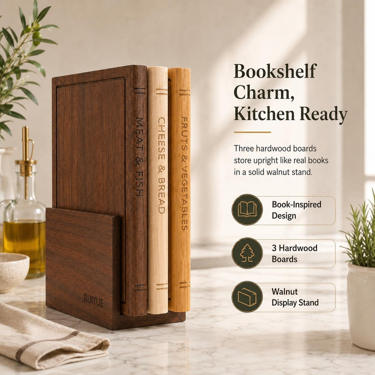Book Shaped Cutting Board Set, 3 Boards, 13 x 10 x 0.8 Inches, Walnut Stand