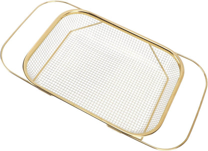 Over The Sink Colander, Expandable Stainless Steel with Fine Mesh Strainer Basket Vegetable Fruit Wash Basket with Handles for Kitchen Sink, Home Kitchen Essentials (Gold)