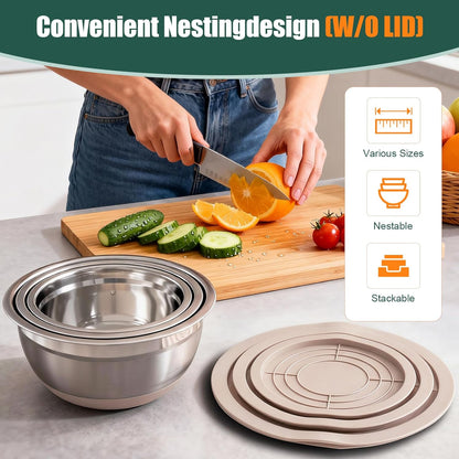 Stainless Steel Mixing Bowls Set with Lids & Silicone Base - 7-Piece Kitchen Gadgets Includes Colander, Grater, Egg Separator, Whisk - Nesting Bowls (1.5, 2, 2.5, 4.5 QT), Dishwasher Safe, Black