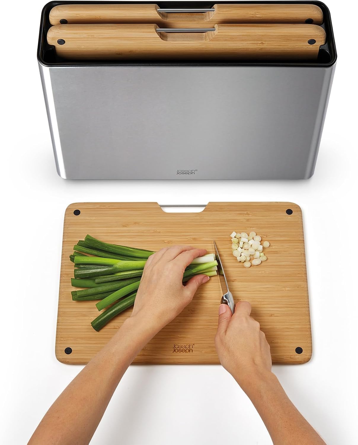 Joseph Joseph Folio 4-Piece Colour coded Cutting Board Set, Stainless Steel Slimline case for organized Kitchen storage, Black