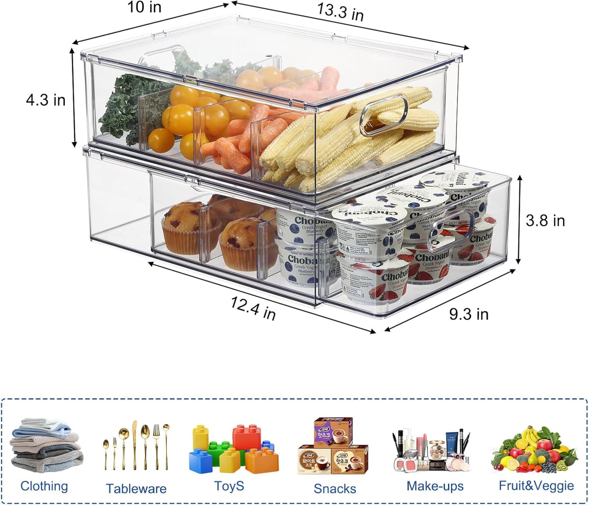 Fridge Organizers and Storage Pull Out Drawer, 2 Small | Stackable, Clear, Fruit and Veggies Containers, for Kitchen, Cabinet