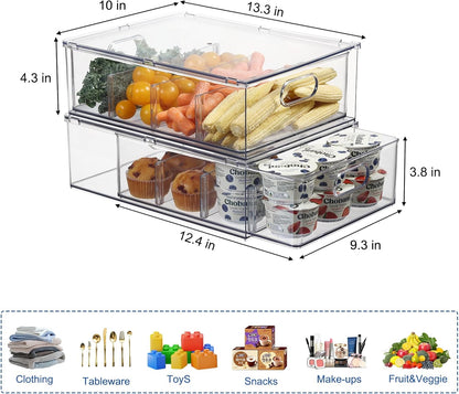 Fridge Organizers and Storage Pull Out Drawer, 2 Small | Stackable, Clear, Fruit and Veggies Containers, for Kitchen, Cabinet