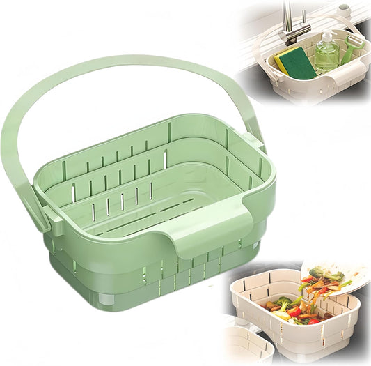 Foldable Kitchen Sink Strainer, Removable Residue Filter, No-Drill Hanging Drain Rack Food Catcher, Stretchable Kitchen Colander with Flip Cover
