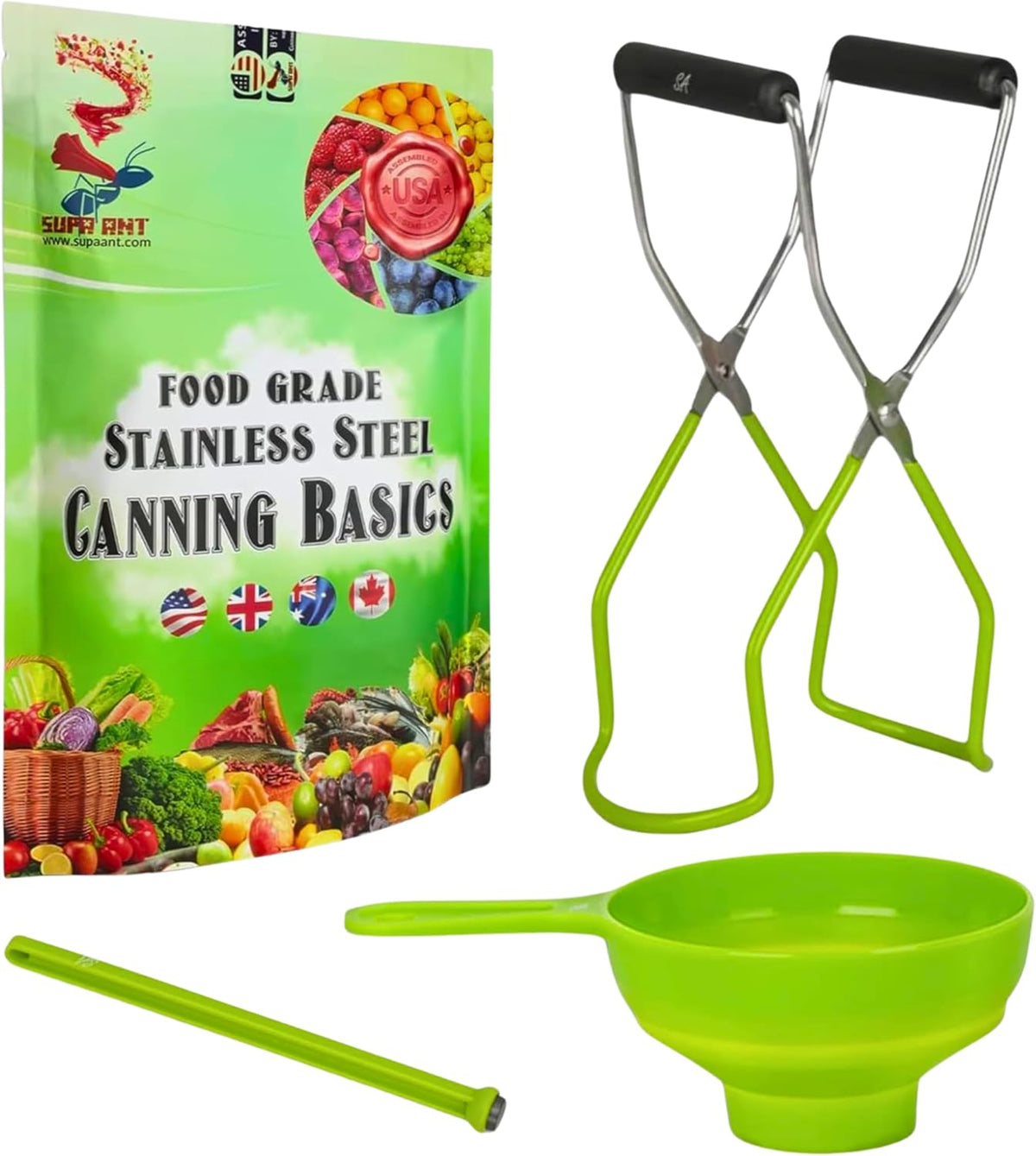 Supa Ant Canning Supplies Starter Kit (Food Grade) - Canning Kits Set for Beginners - 3 Pcs. Including Wide Mouth Jar Funnel, Magnetic Lid Lifter, Stainless Steel Jar Lifter (Assembled in USA) Green