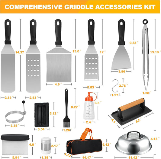 Griddle Accessories Kit, Terlulu 29 PCS Flat Top Grill Accessories for Blackstone and Camp Chef, Metal Spatula Set with Burger Press, Melting Dome, Scraper, Tongs, Carry Bag for Outdoor Grilling BBQ
