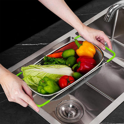 TENTA TENTA KITCHEN Premium Quality Over The Sink Stainless Steel Oval Small Colander with Fine Mesh 2.5 Quart Strainer Basket & Expandable Rubber Grip Handles-Strain,Drain,Rinse Fruits,Vegetables