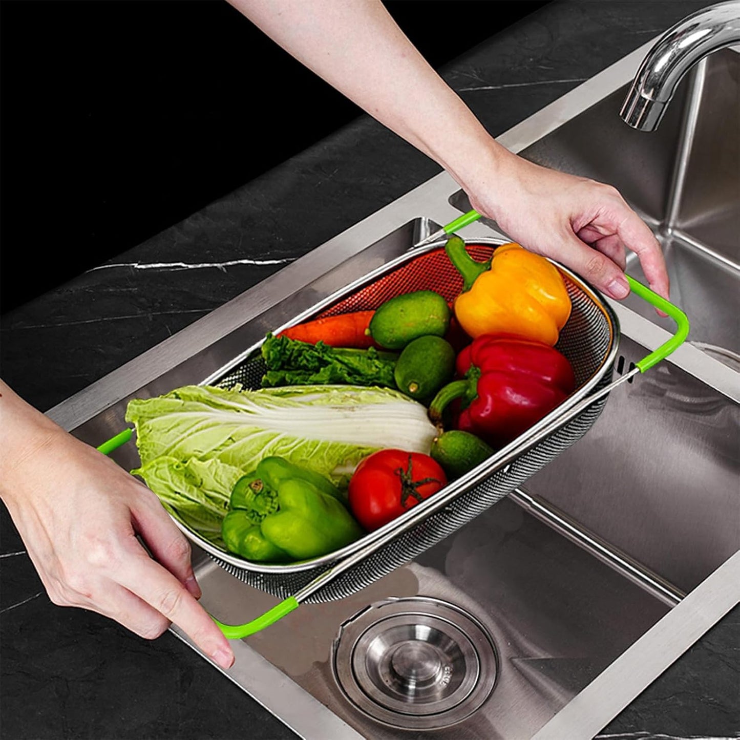 TENTA TENTA KITCHEN Premium Quality Over The Sink Stainless Steel Oval Small Colander with Fine Mesh 2.5 Quart Strainer Basket & Expandable Rubber Grip Handles-Strain,Drain,Rinse Fruits,Vegetables