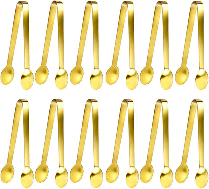 JCREN 12 Pcs Serving Tongs, Small Serving Utensils for Parties Catering Gold Tongs, Small Stainless Steel Mini Appetizer Tongs for Tea Party Coffee Bar, 4 Inches - Gold