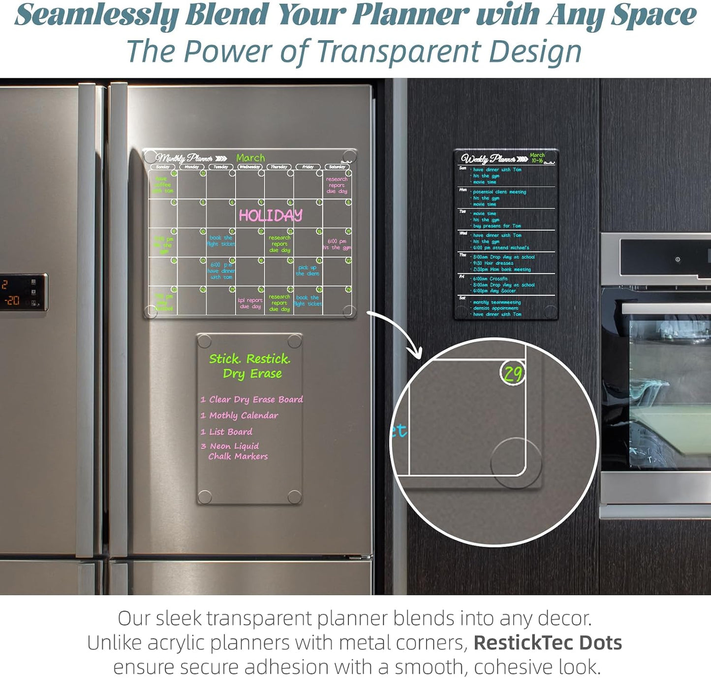 Clear Non-Magnetic Meal Planner Set for Fridge - Dry Erase Transparent Menu and List Board - Sticks to Wall, Glass, Door, Any Smooth Surfaces