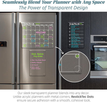 Clear Non-Magnetic Meal Planner Set for Fridge - Dry Erase Transparent Menu and List Board - Sticks to Wall, Glass, Door, Any Smooth Surfaces