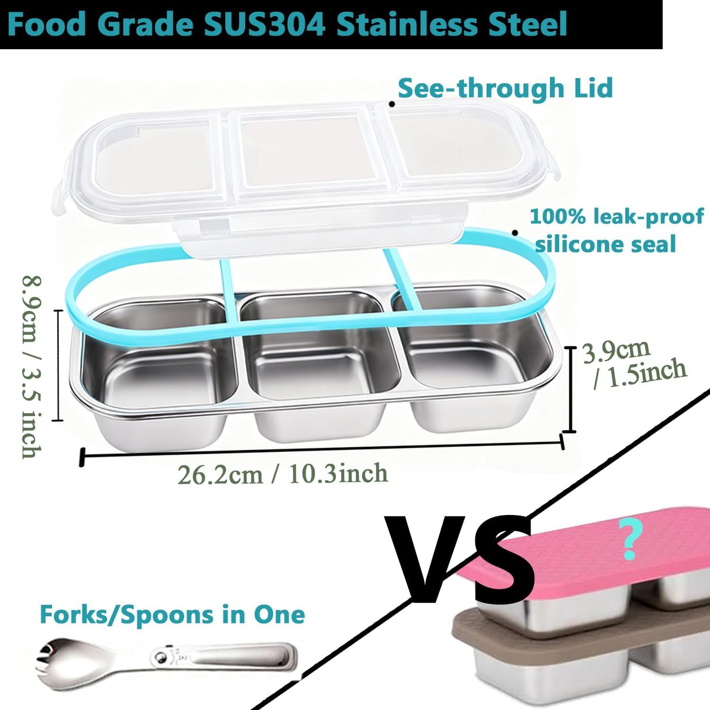 Snack Containers with Airtight Lids Reusable Stainless Steel 3-Compartment Metal Bento Lunch Box for Adults, Divided Food Storage Lunchable Meal Prep Containers, Snack Box with Spoon Sauce Jar