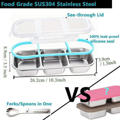Snack Containers with Airtight Lids Reusable Stainless Steel 3-Compartment Metal Bento Lunch Box for Adults, Divided Food Storage Lunchable Meal Prep Containers, Snack Box with Spoon Sauce Jar