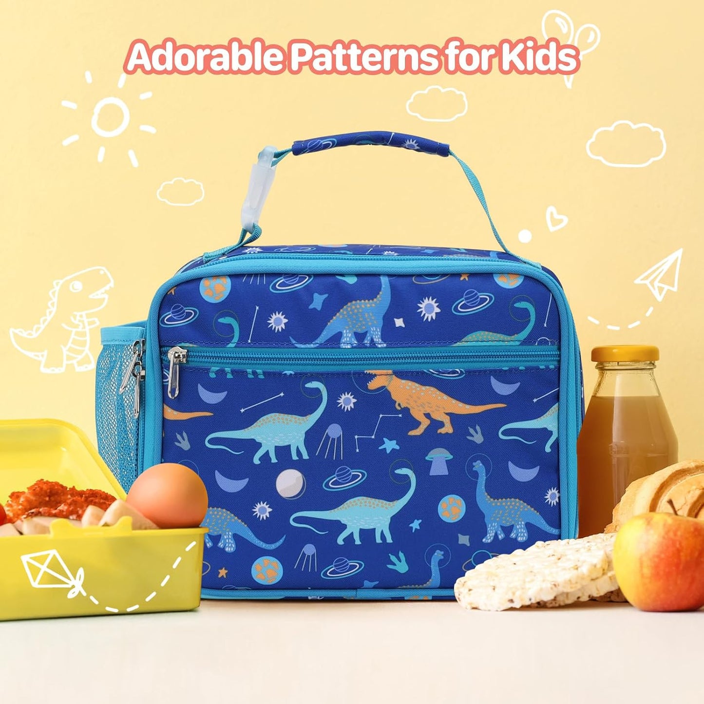 Kids Lunch Bag Boys - Insulated Kids Lunch Box Reusable Lunchbox with Water Bottle Holder Toddler Lunch Tote Bag for School Daycare, Black Dino Fossil